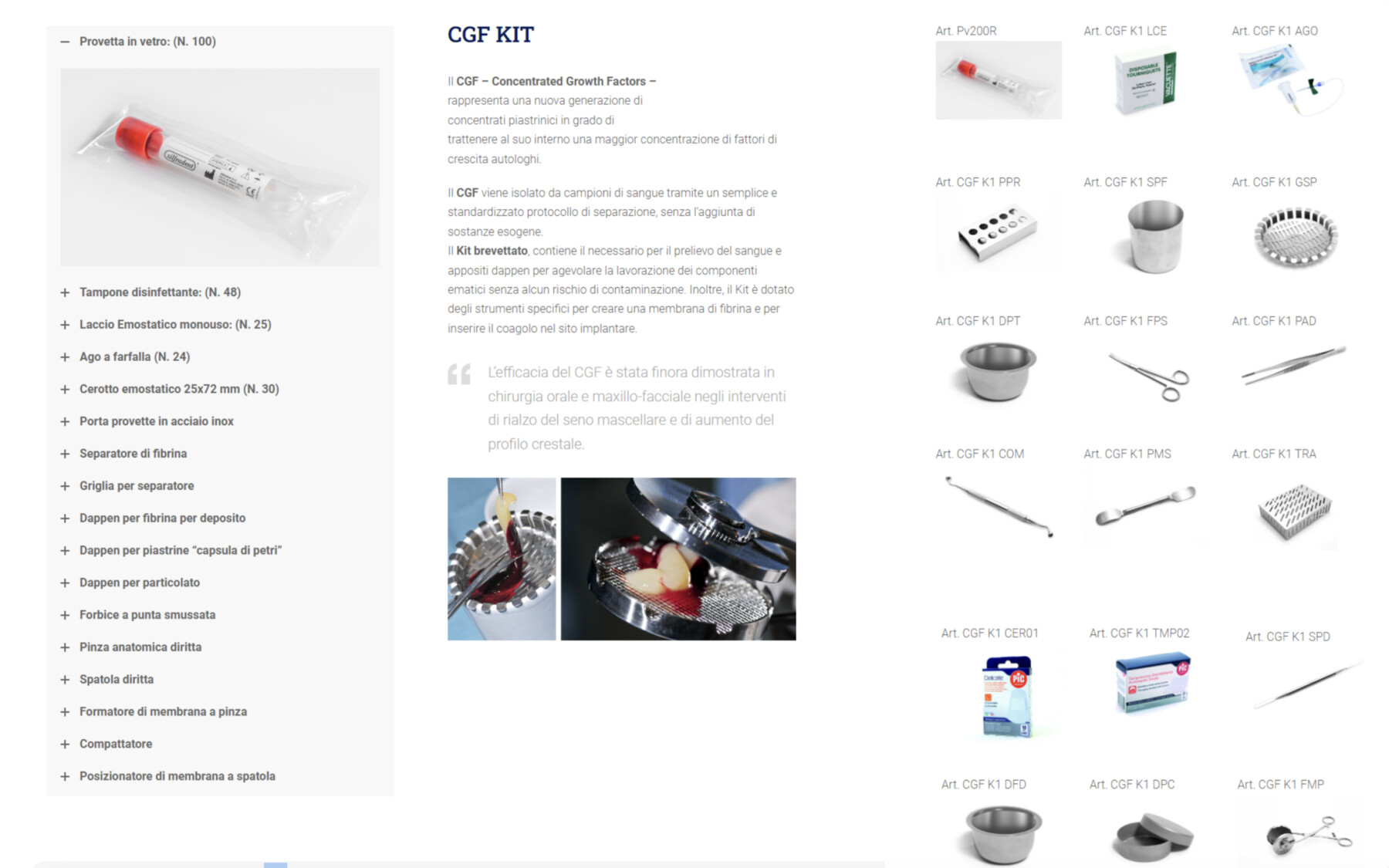 Kit CGF brevettato, contenuto completo per prelievo e lavorazione