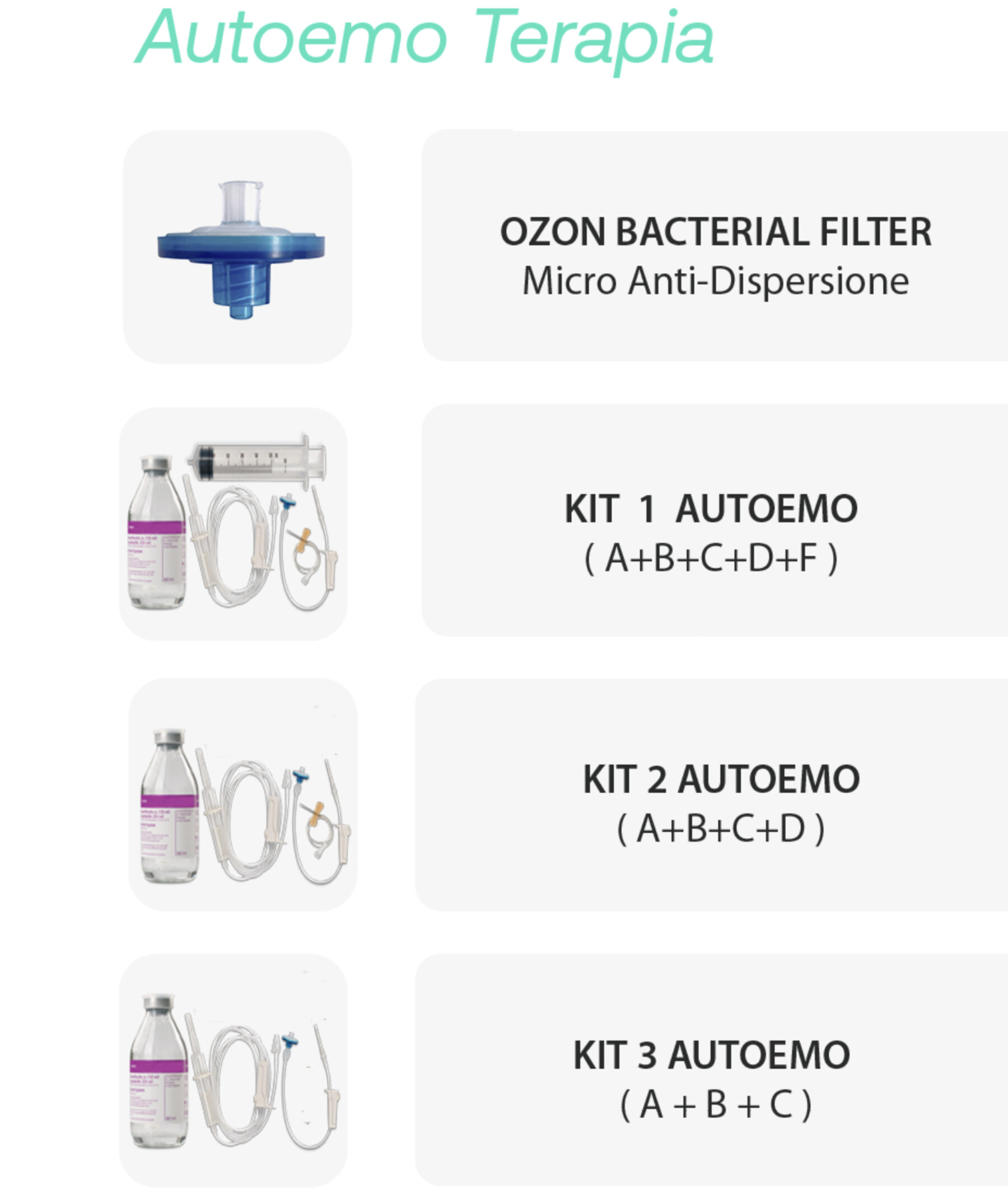 Kit Autoemoterapia Ozonoterapia, catalogo componenti