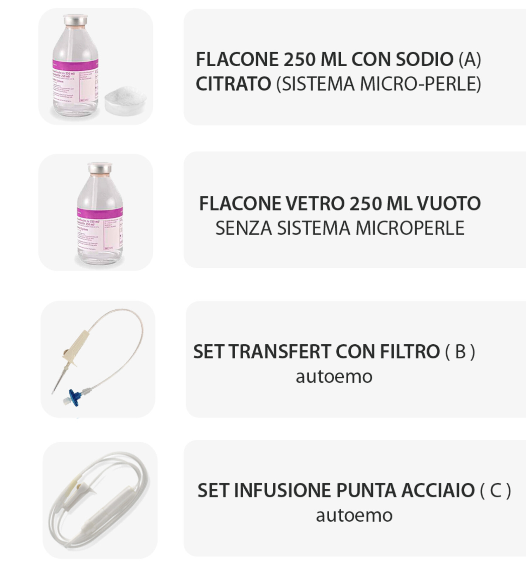 Autoemoterapia, flaconi e set transfert/infusione